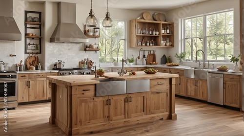 Scandinavian kitchen with a mix of modern and farmhouse elements  featuring a natural wood island  a farmhouse sink  and a collection of stainless steel appliances. Side view