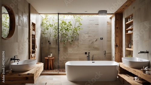 Modern bathroom with a minimalist design  featuring a soaking tub  a rain shower head  and a collection of natural materials like wood and stone. Close up