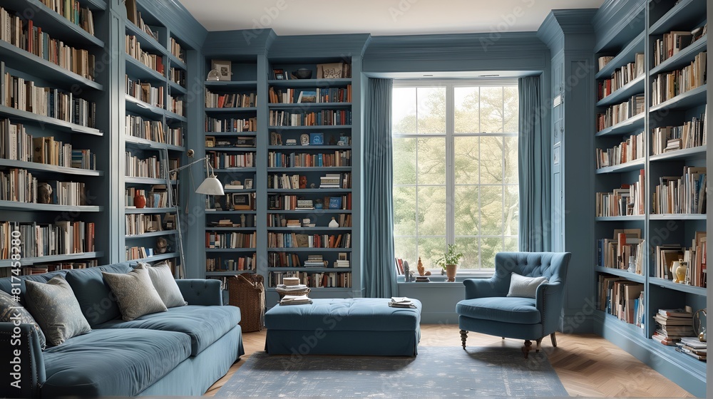 Minimalist home library with a collection of books, a comfortable seating area, and a large, statement bookcase. Side view Minimalist home library with a collection of books, a comfortable seating area, and a large, statement bookcase. Side view