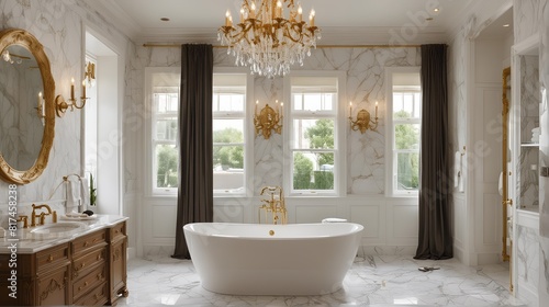 Premium bathroom with a luxurious  glamorous design  featuring a chandelier  a freestanding bathtub  and a collection of gold fixtures. Close up