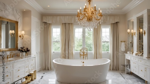 Premium bathroom with a luxurious, glamorous design, featuring a chandelier, a freestanding bathtub, and a collection of gold fixtures. Side view