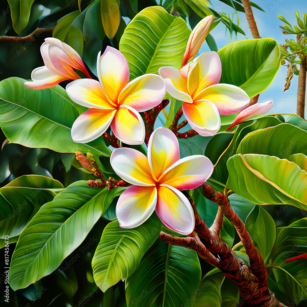frangipani tree abounding with glossy green leaves plumeria blossoms unfolding among the foliage v,generate ai frangipani tree abounding with glossy green leaves plumeria blossoms unfolding among the foliage v,generate ai