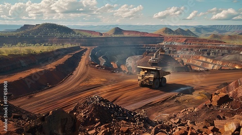 An open-pit mine with terraced layers under a blue sky with clouds A large haul truck carries dug material photo