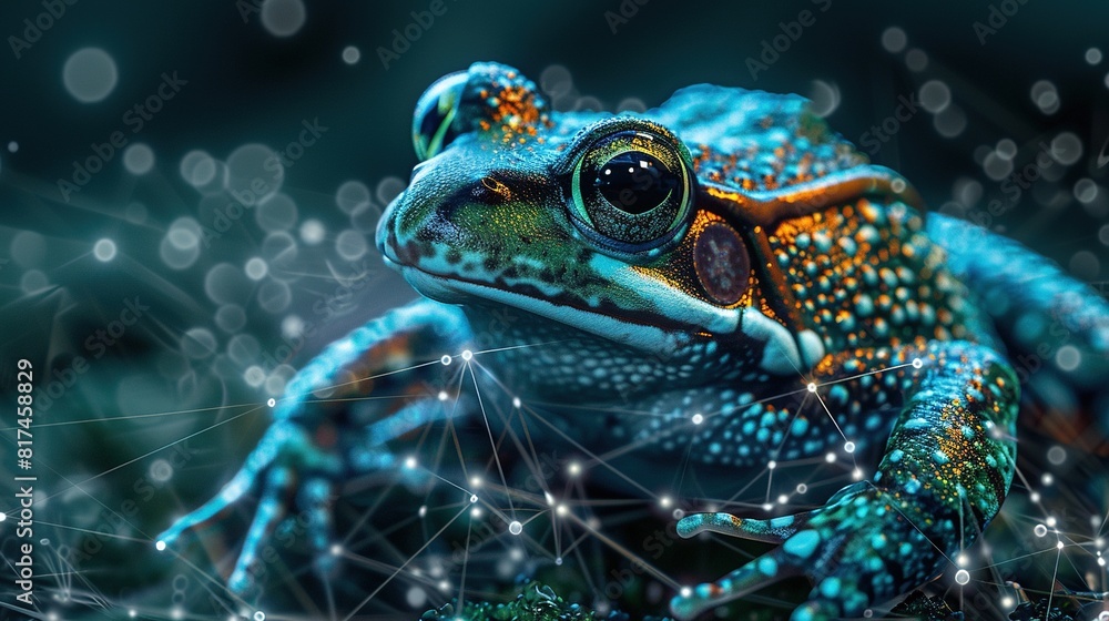 Big data visualization. A digital frog in flow information. Information aesthetic design. Generative AI Big data visualization. A digital frog in flow information. Information aesthetic design. Generative AI