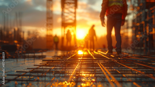 workers on a construction site tying rebar