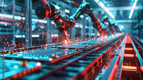 Automated robots busy working on production line in a manufacturing facility