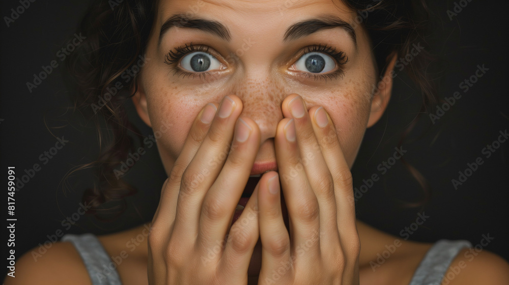 Portrait of a woman covering her mouth with both hands, looking surprised and delighted, with dark hair and blue eyes, against a black background, focusing on detailed facial expressions of joy Portrait of a woman covering her mouth with both hands, looking surprised and delighted, with dark hair and blue eyes, against a black background, focusing on detailed facial expressions of joy