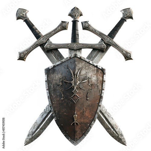 shield with crossed swords, realistic and medieval on a white background 
