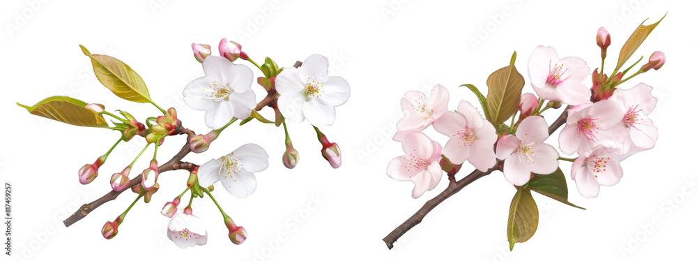 a branch of cherry blossoms with green leaves and buds on the left, transparent background, png. a branch of cherry blossoms with green leaves and buds on the left, transparent background, png.