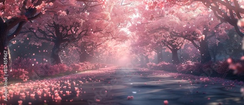 The photo shows a beautiful cherry blossom avenue with pink petals falling like snow. photo