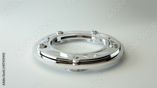 Chrome finished circular ship porthole, featuring a sleek, reflective surface and mounted on a simple neutral backdrop.