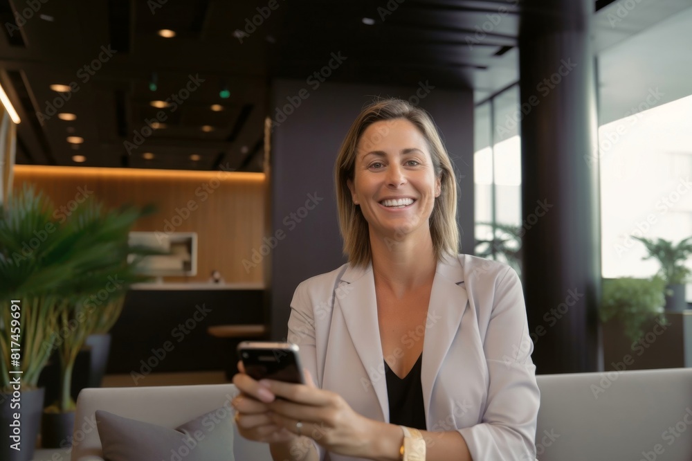 cheerful mature businesswoman on video call through smart phone in lobby cheerful mature businesswoman on video call through smart phone in lobby