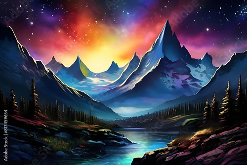 A mountain range with snow and colorful sky