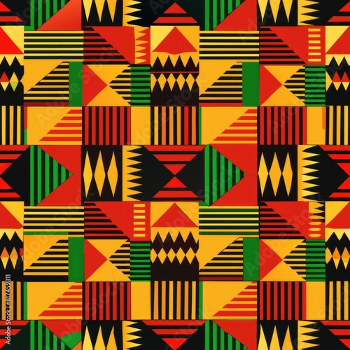 Seamless pattern of African Kente cloth designs with bold stripes and patterns, adding a touch of cultural authenticity to your gift wrap, Generative AI