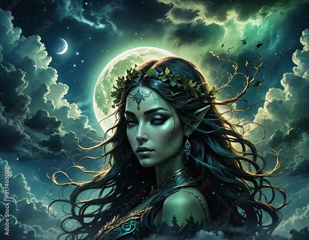 A fantastical illustration of a nature spirit or elf goddess with a green moon behind her. A fantastical illustration of a nature spirit or elf goddess with a green moon behind her.