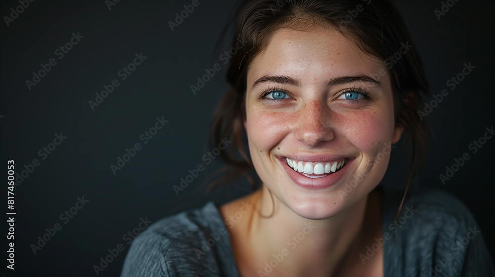 Portrait of a smiling woman with dark hair and blue eyes, standing against a black background, capturing detailed facial expressions of happiness and contentment.
Portrait of a smiling woman with dark hair and blue eyes, standing against a black background, capturing detailed facial expressions of happiness and contentment.