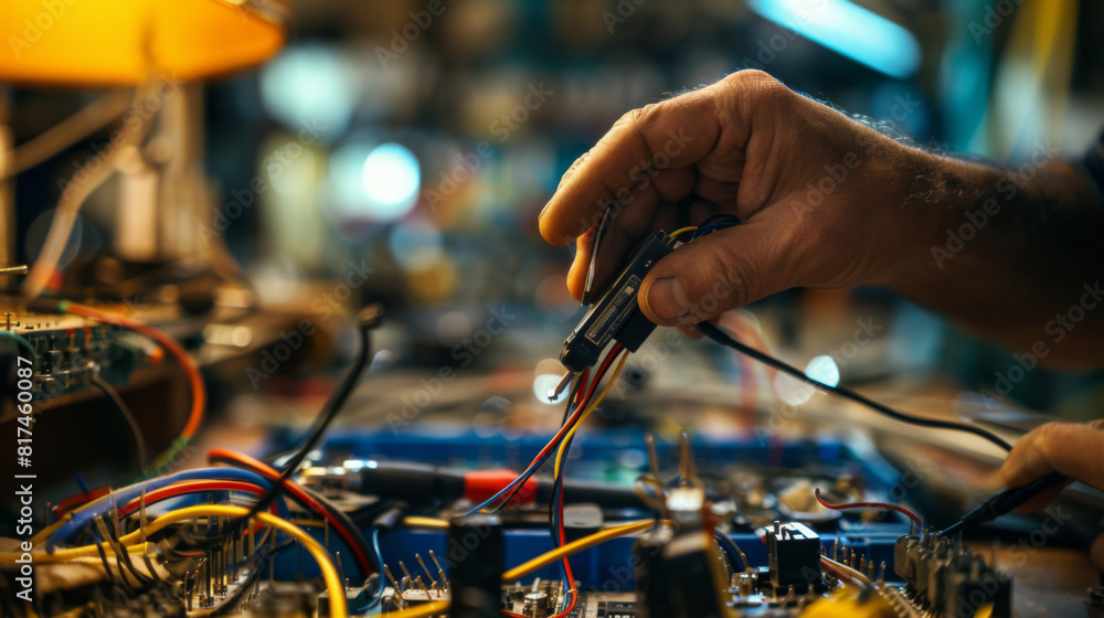Close-up of a technician's hands soldering electronic components on a circuit board, surrounded by various tools. Close-up of a technician's hands soldering electronic components on a circuit board, surrounded by various tools.
