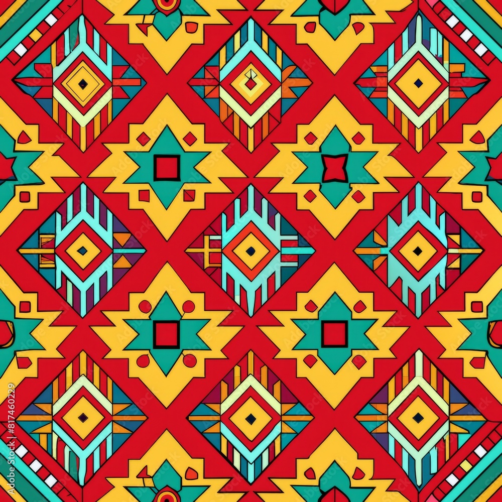 Seamless pattern of Aztec-inspired geometric patterns with bold colors and symbols, perfect for a festive and colorful gift wrap, Generative AI Seamless pattern of Aztec-inspired geometric patterns with bold colors and symbols, perfect for a festive and colorful gift wrap, Generative AI