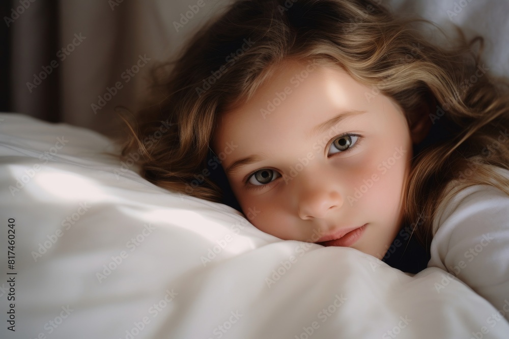 close-up portrait of a little girl lying on a white pillow, looking at the camera close-up portrait of a little girl lying on a white pillow, looking at the camera