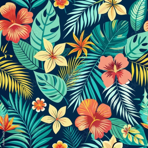 Seamless pattern of Hawaiian-inspired hibiscus and palm leaf motifs in tropical colors  perfect for a summery and beach-themed gift wrap  Generative AI