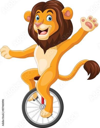 Cartoon lion riding one wheel bike (ID: 817460496)