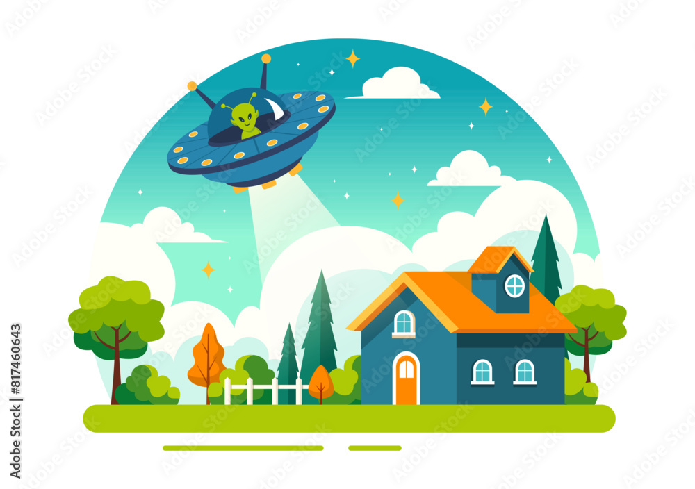 UFO Flying Spaceship Vector Illustration with Rays of Light in Sky Night City View, Abducts Human and Alien in Flat Kids Cartoon Background Design