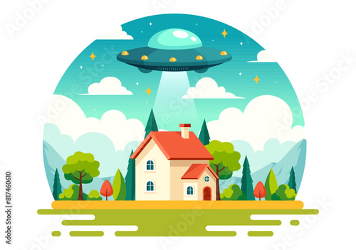UFO Flying Spaceship Vector Illustration with Rays of Light in Sky Night City View  Abducts Human and Alien in Flat Kids Cartoon Background Design