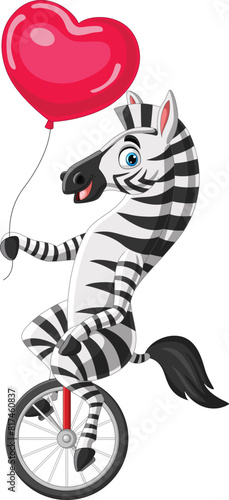 Cartoon zebra riding one wheel bike  holding love shape balloon (ID: 817460837)