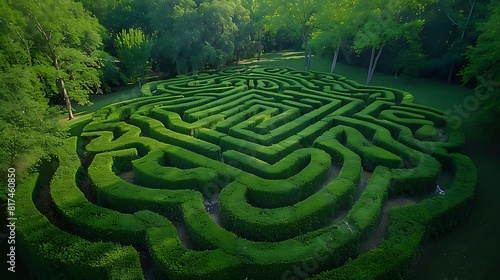 Aerial top down green hedge maze in a forest  taken with aerial photography