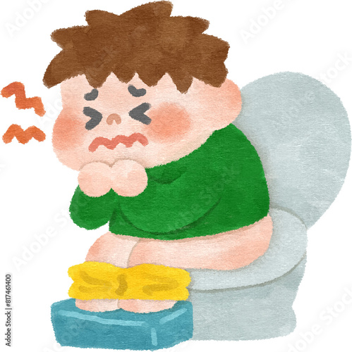 お腹が痛くてトイレで苦しむ男の子　手描きイラスト素材