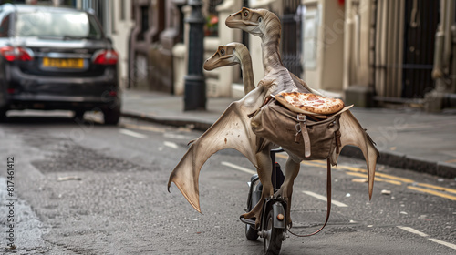 Pterodactyl delivering pizza on a scooter through a busy city