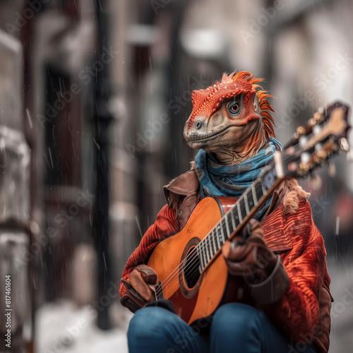 Red Therizinosaurus playing guitar in a street band,