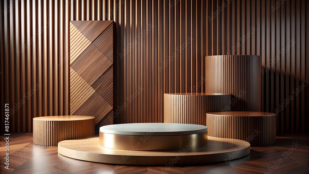 3d rendering podium pedestal products display with beige geometric platform background. Generated AI 3d rendering podium pedestal products display with beige geometric platform background. Generated AI
