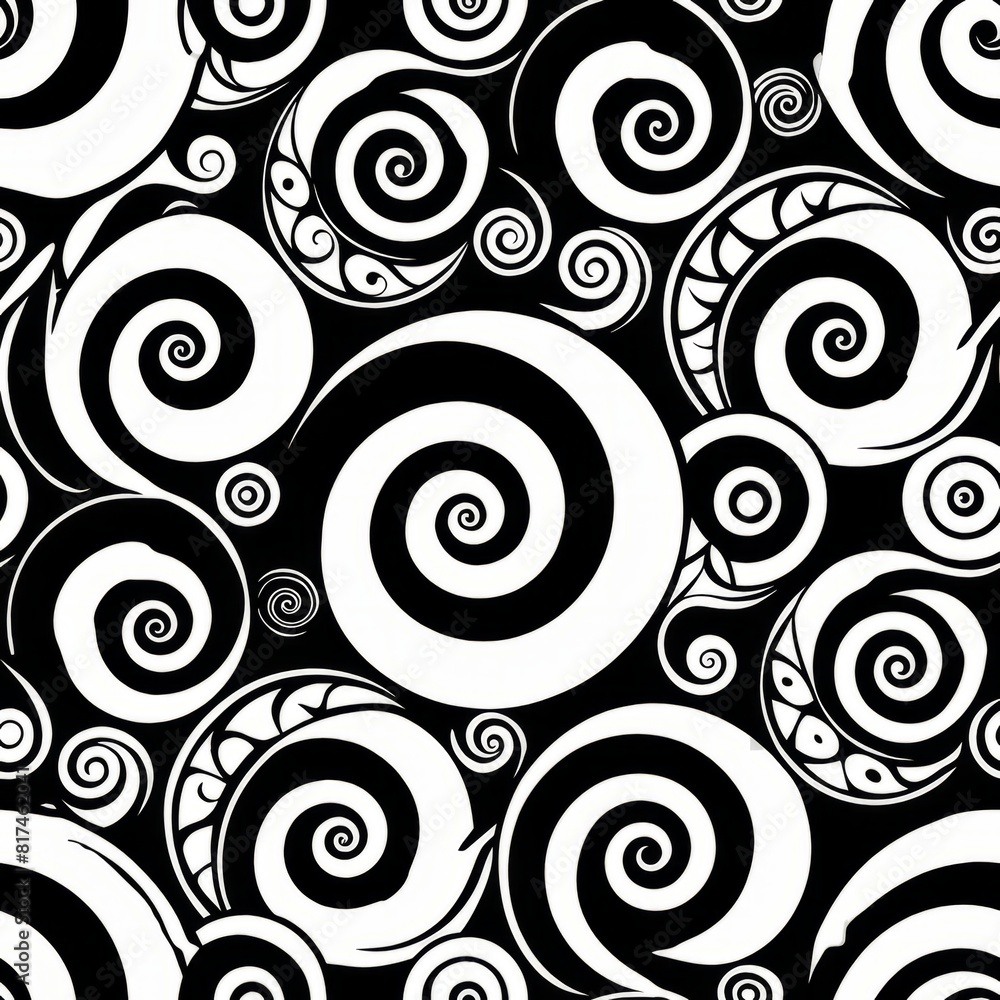 Seamless pattern of Maori-inspired koru and spiral motifs in black and ...
