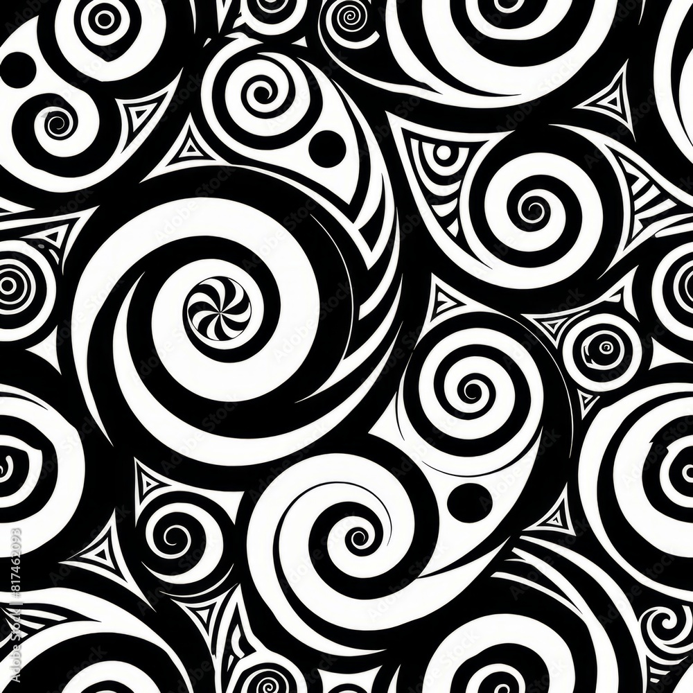 Fototapeta premium Seamless pattern of Maori-inspired koru and spiral motifs in black and white, representing new beginnings and growth, Generative AI