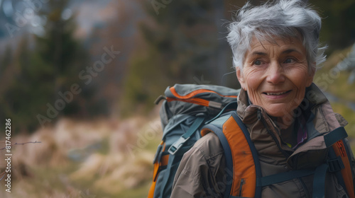 An active lifestyle in retirement. An elderly, beautiful, athletic woman of 60 years old is hiking with a backpack © chekart
