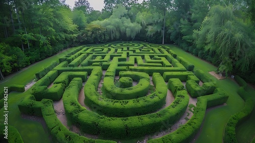 Aerial top down green hedge maze in a forest  taken with aerial photography