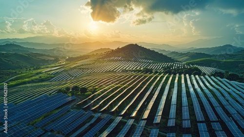 A large field of solar panels is illuminated by the sun.