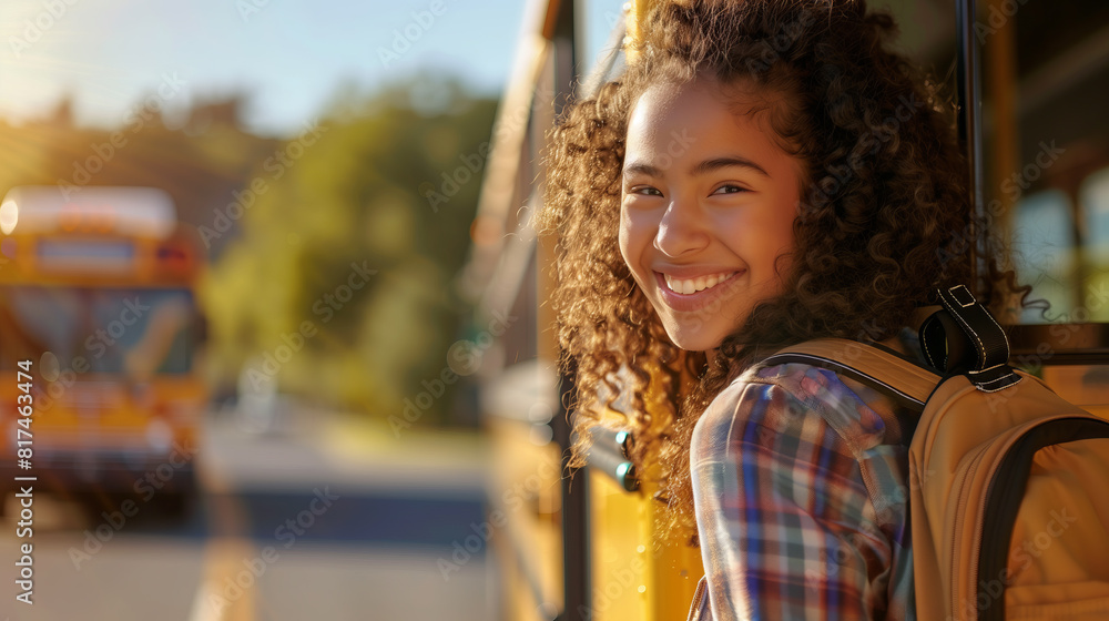 Fototapeta premium smiling white-skinned black girl getting off the yellow school bus, sun shining on her curly hair, backpack, text space