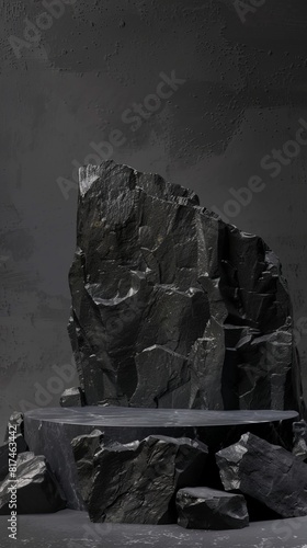 A dark and moody black rock showcase product podium with jagged edges and rocky textures, super realistic