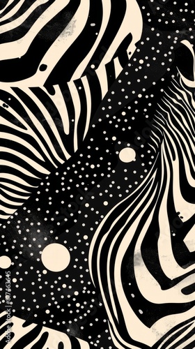 Black and white zebras standing out against a black background with art deco patterns