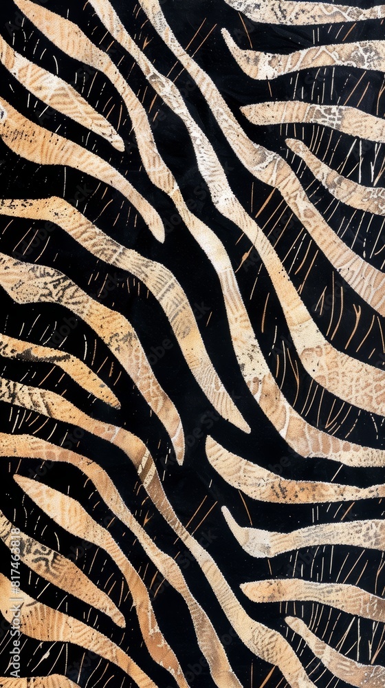 A painting featuring a black and gold zebra print design with art deco elements, background A painting featuring a black and gold zebra print design with art deco elements, background