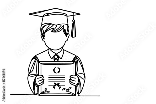 one continuous black line art drawing of school student kid graduate holding certificate paper doodle style vector on white background