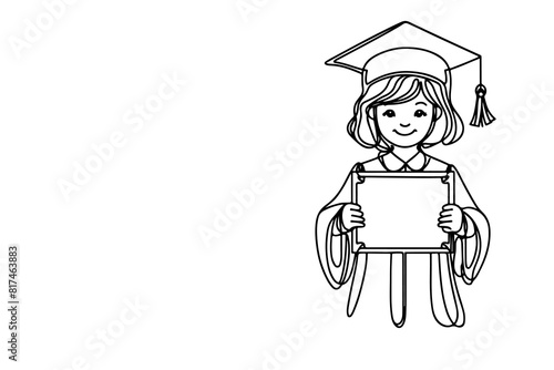 one continuous black line art drawing of school student kid graduate holding certificate paper doodle style vector on white background