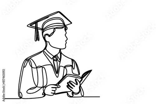 one continuous black line art drawing of school student kid graduate holding certificate paper doodle style vector on white background