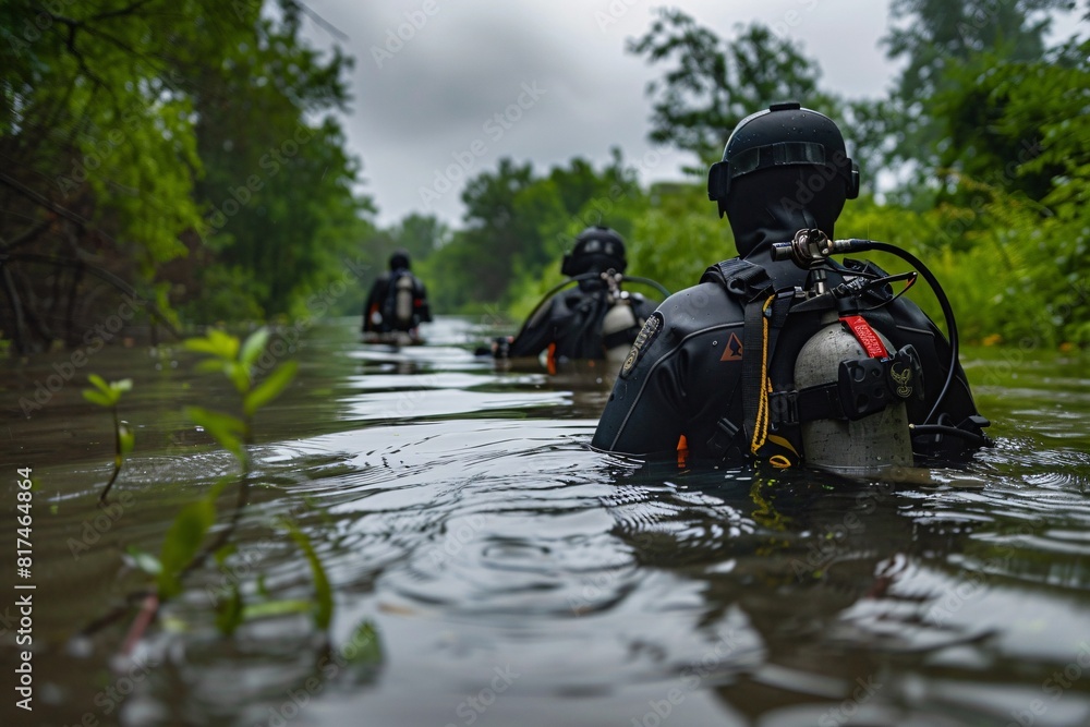 A group of scuba divers navigating through the submerged terrain in a flooded area, equipped with gear and lights to explore the underwater environment A group of scuba divers navigating through the submerged terrain in a flooded area, equipped with gear and lights to explore the underwater environment