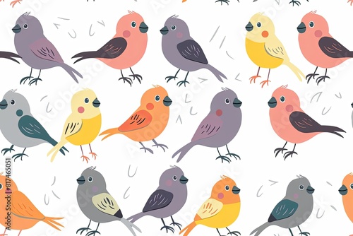 Seamless pattern of Cute Cartoon Finches in Vibrant Silly Poses  A Charming Avian Display