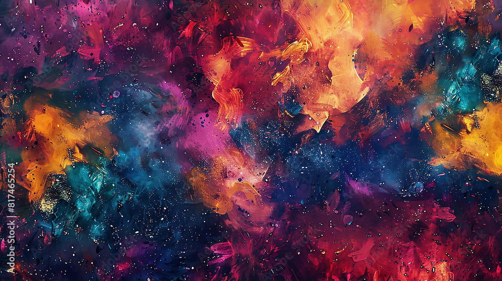 A canvas with a rich texture, covered in vibrant colors and bold brush strokes, with a pattern that resembles a galaxy on a rich texture background.