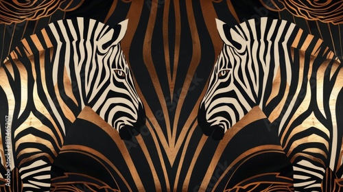Two zebras standing on an art deco black and gold background with zebra stripes for a touch of fashion