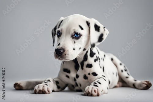 'sitting white puppy isolated dalmatian pet dog animal black black-and-white canino carnivore cut-out domestic front view on look looking at mammal no people nobody one purebred seated studio shot to' © akkash jpg